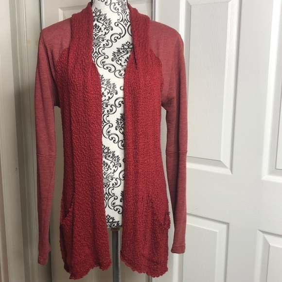 Lucky Lotus Red Pockets Long Front Open Cardigan M Hole - Picture 1 of 8